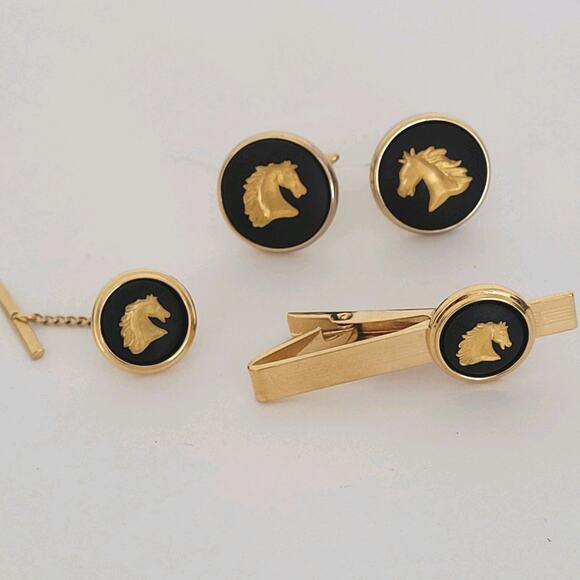 Wedgwood Jasperwear Cufflinks Pin Clip Set Gold Black Tone Horse England Round - Picture 1 of 10